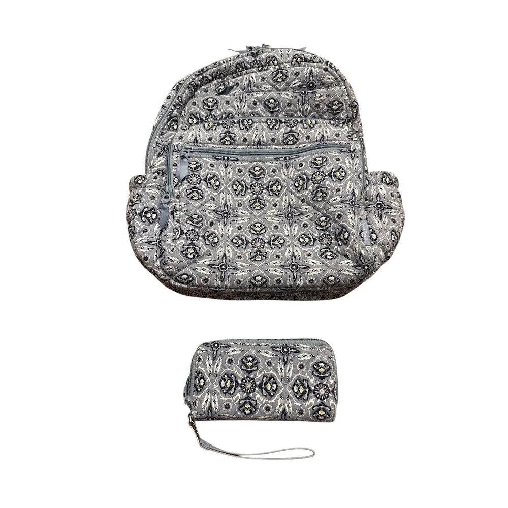 Vera Bradley XL Campus Backpack Gray Blue Quilted Floral Medallion + wristlet